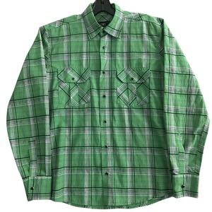 Western Pearl Snap Button Down Mens Med Lightweight Green Plaid Long Sleeve
